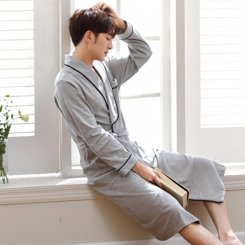 Albornoz de talla grande para hombre, ropa de dormir Kimono con cinturón, bata de manga larga, Color gris, para primavera y M-XXXL