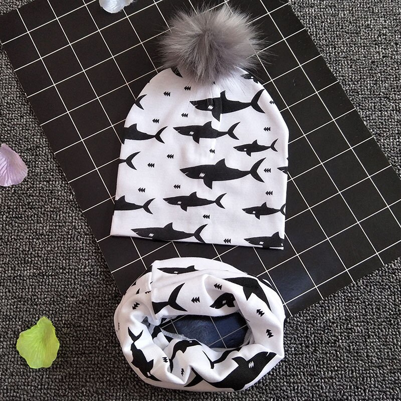 Baby Muts Sjaal Set Print Katoen Kinderen Cap Kraag Kids Jongens Meisjes Mutsen Baby Peuter Hoeden Sjaals Winter Hoeden Voor 1-3T: white shark