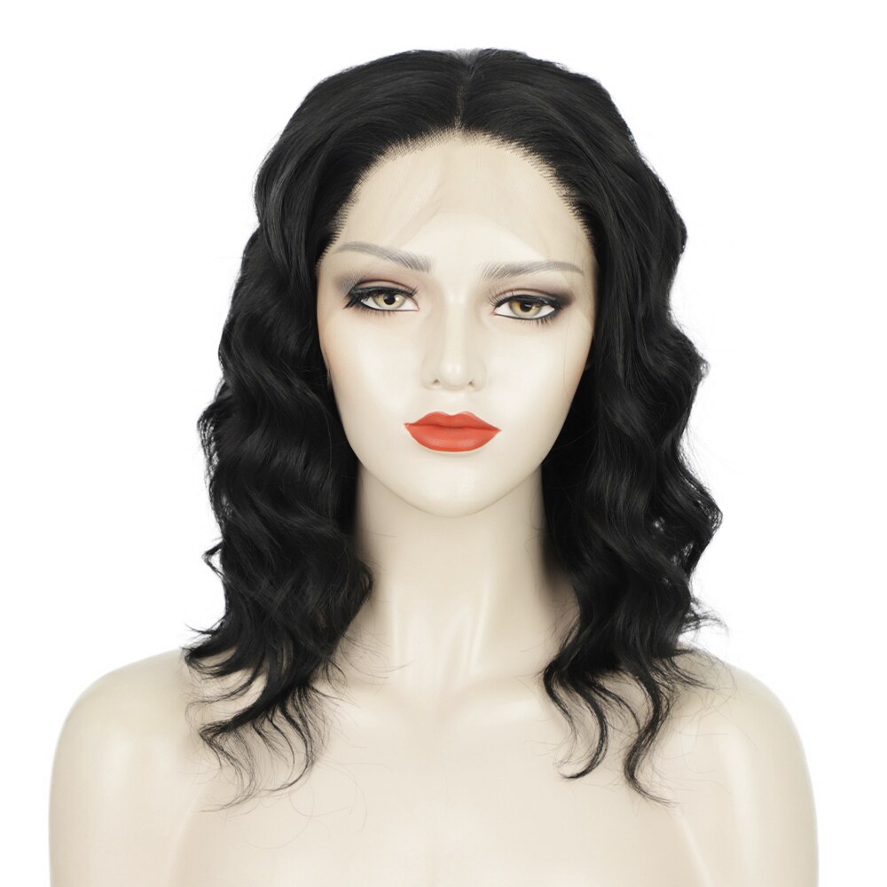 Stamped Glorious Natural Looking 16 Inch Synthetic Lace Frontal Wigs Black Short Wavy Wigs For Black Women Middle Part Bob Wigs