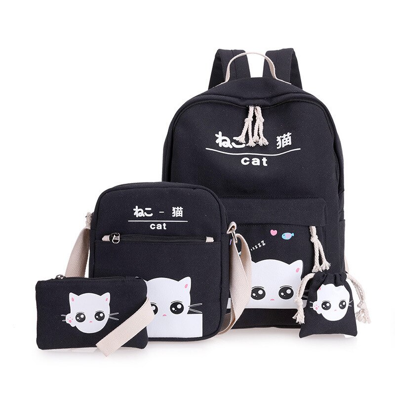 DIOMO 4 ピース/セットラップトップのためのガールズボーイズ女性 Bagpack 嚢 A ドスファムかわいい猫キャンバスランドセル子供: Black