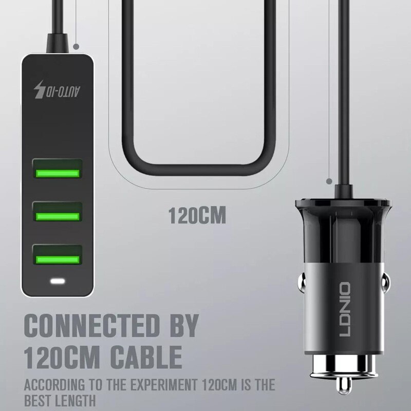 LDNIO USB Car Charger 4 Ports FAST QC3.0+2.4A+3.1A Universal USB Fast Adapter with 120CM Extension Cord Cable for MPV Car Phone