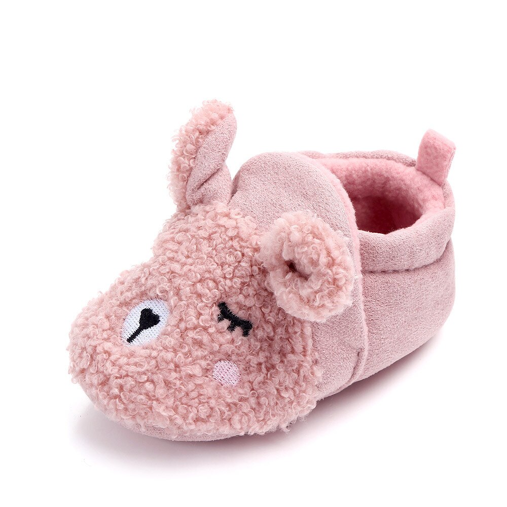 Zapatos de gatear para bebé recién nacido, pantuflas de oveja, primeros pasos, piel, orejas de Animal, para invierno: pink