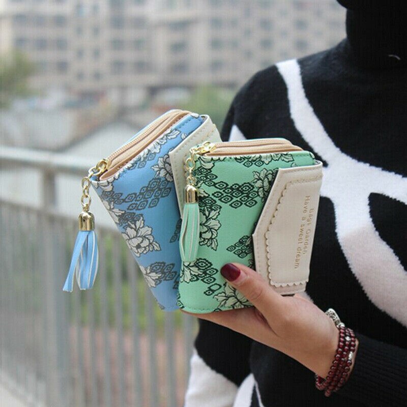 Söt handväska läder kort tofs dragkedja plånbok myntkorthållare mjukt läder telefonkort kvinnlig koppling