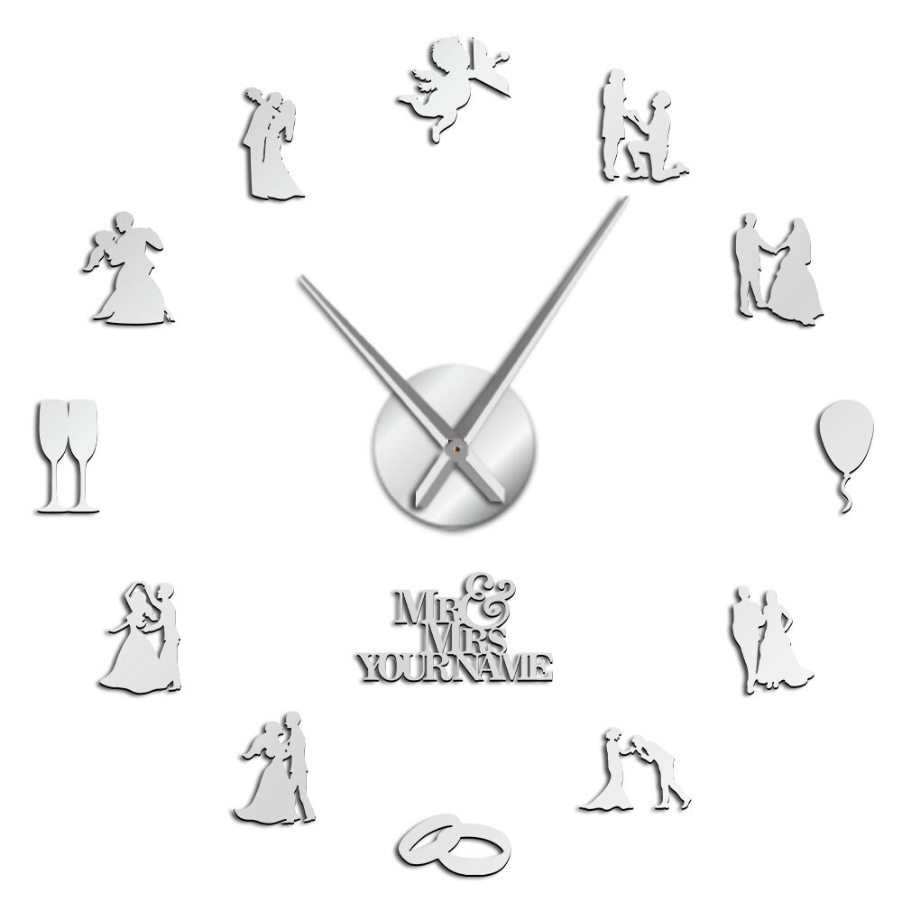 Valentine Couple Engaged DIY Wall Clock Wedding Room Decoration Weddings Self Adhesive 3D Clock With Big Needles Newlywed: Silver / 47 inch