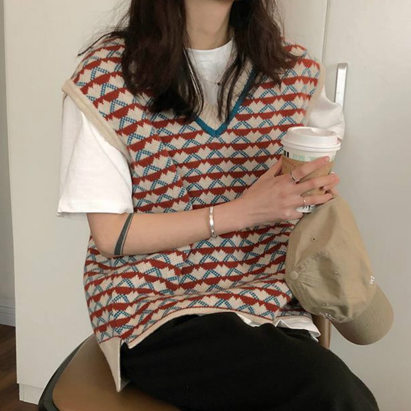 Vests Women Plaid Patchwork Preppy Style Student Popular Vest Girls Tank Knit Loose Street Wear Female Clothing Chic BF Red Cute