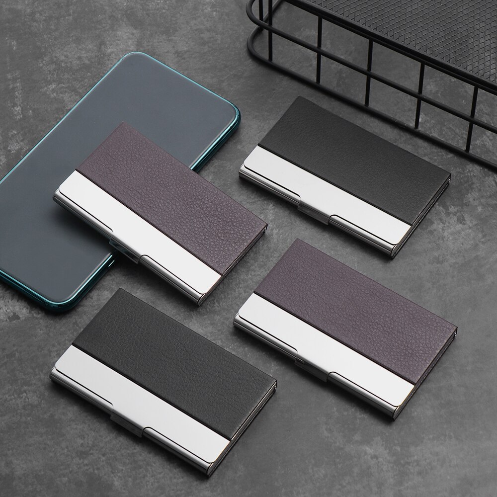 1 pc unisex visittkortholder pu skinn solid visittkort etui metall lommebok vanntett rustfritt stål kredittkortholder