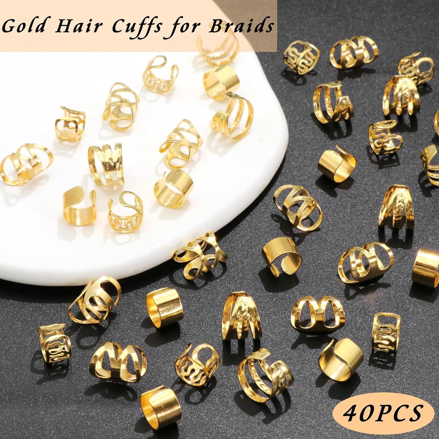 40 Uds joyería para el cabello para trenzas puños dorados para el cabello anillos multiestilo cuentas para el cabello ajustables para trenza Loc accesorios para rastas: Oro
