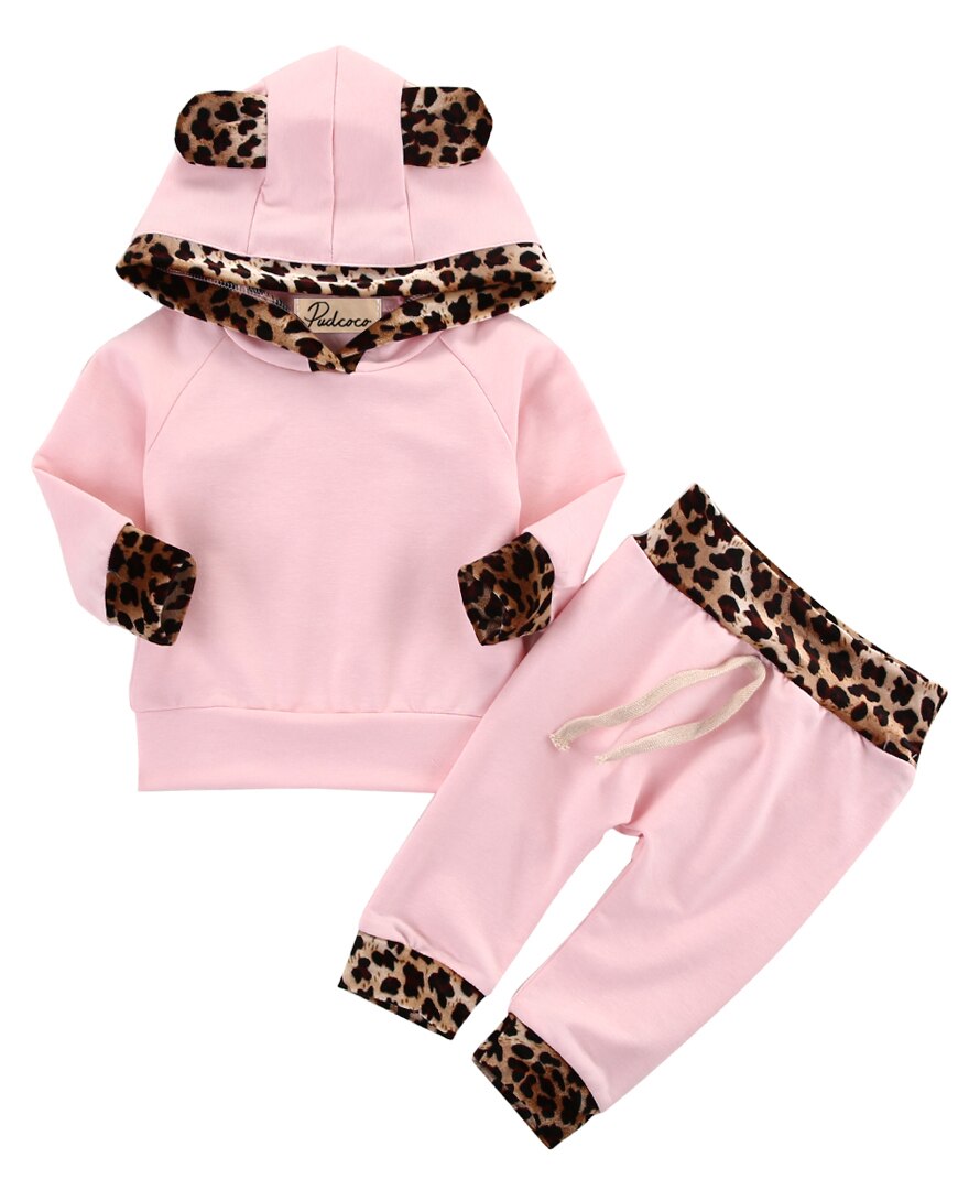 Nyfødte søde baby tøj til børn piger leopard sæt bebek hætte sweatshirt toppe + bukser outfits træningsdragt børn tøj sæt: 7t