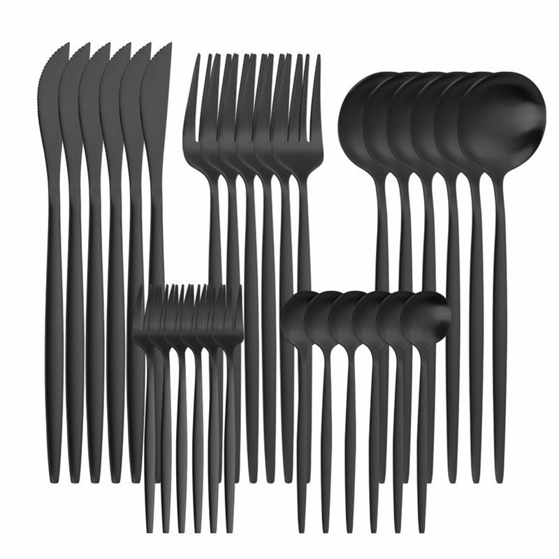 30 Pcs Matte Flatware Tableware Fork Knive Spoon Stainless Steel White Golden Cutlery Set Home Kitchen Tableware Set Dinnerware: black 30pcs