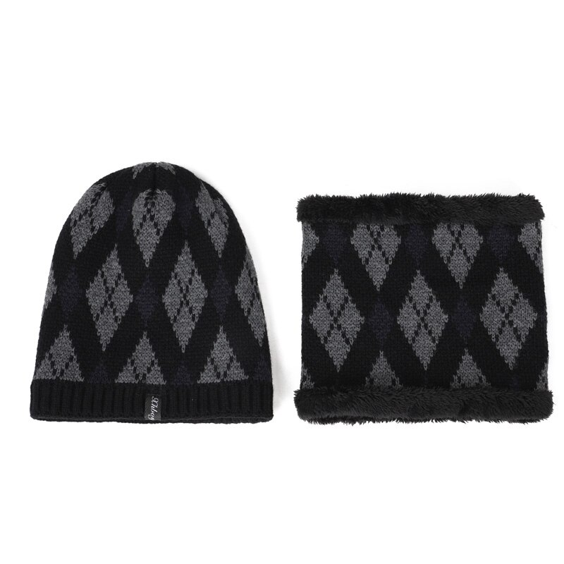 Winter Warm Pak Hoeden Sjaal 2 Stuk Fluwelen Katoenen Mannen Beanie Hat Unisex Ring Bib Skullcap Hedging Caps klassieke Plaid: Black