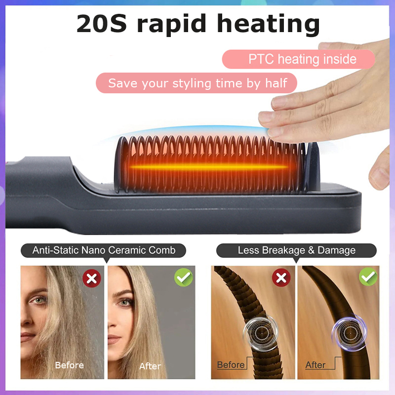 Rettetang keramisk kam 2 in 1 elektrisk hårbørste negative ioner hurtigoppvarming stylingverktøy