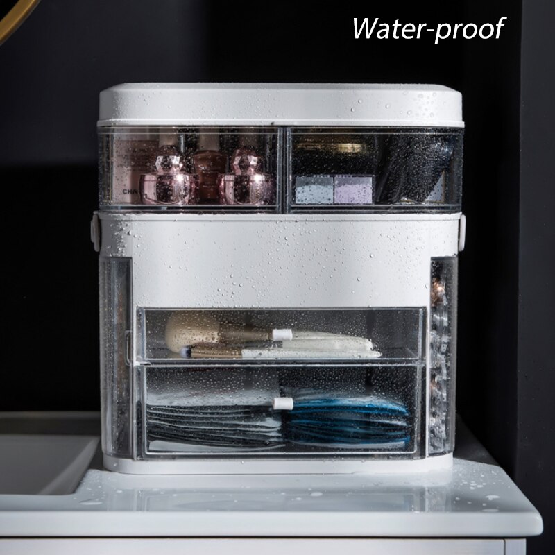 Organizador de maquillaje con espejo de tocador, espejo de maquillaje con luz LED ajustable, joyería, lápiz labial, contenedor cosmético, resistente al agua