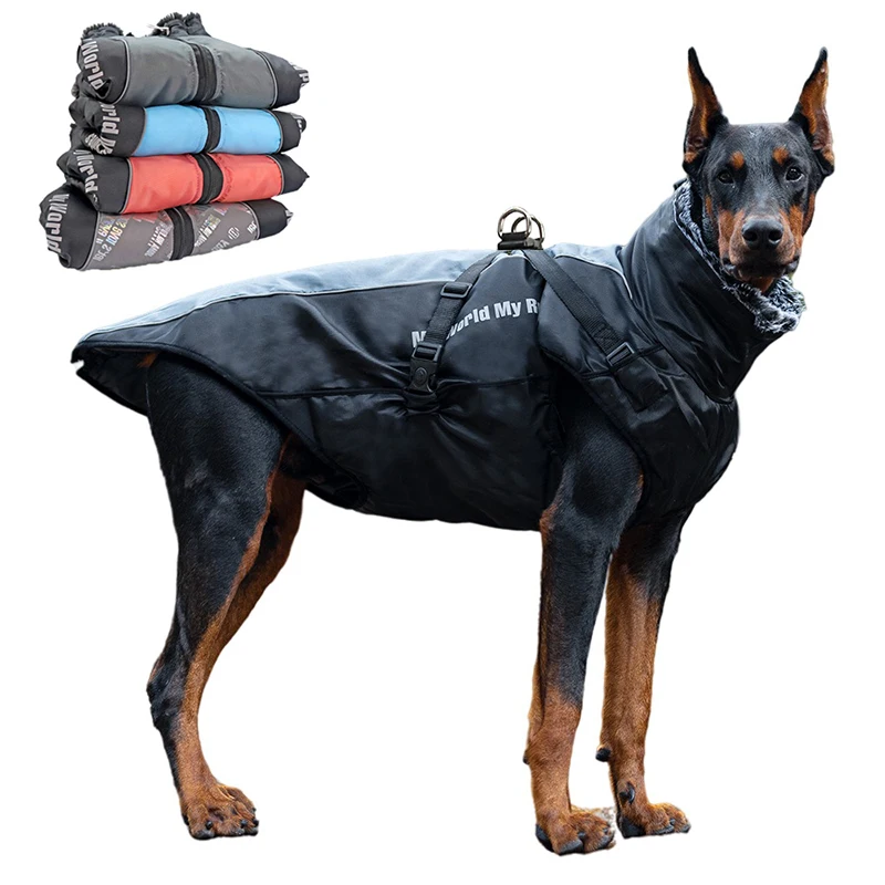 Waterdichte grote hondenkleding Winterhondjas met harnas Harige kraag Warme huisdierkleding Grote hondenjas Labrador Bulldog-kostuum
