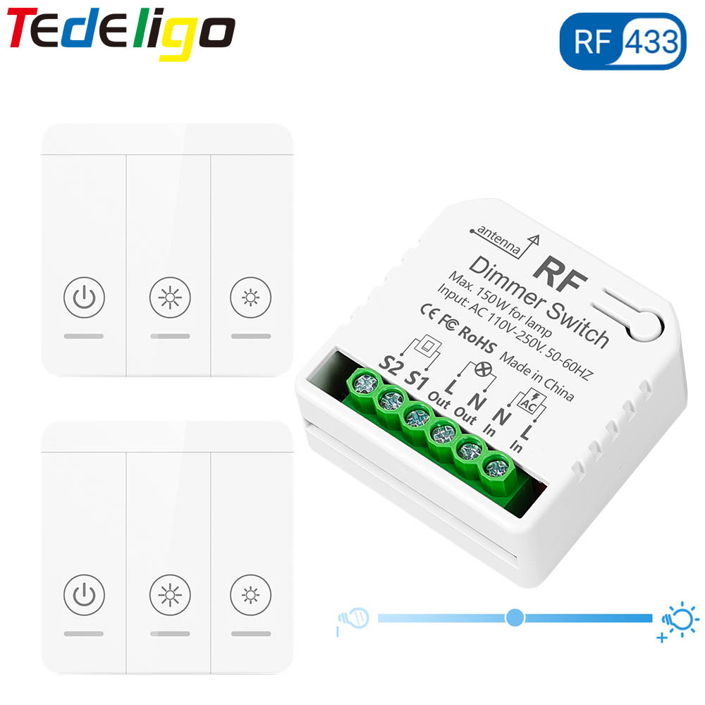 Tedeligo RF 433mhz LED Dimmer Switch 110V 220V 150W Light Brightness Adjustable Module Support 2 Way Wired and Wireless Control