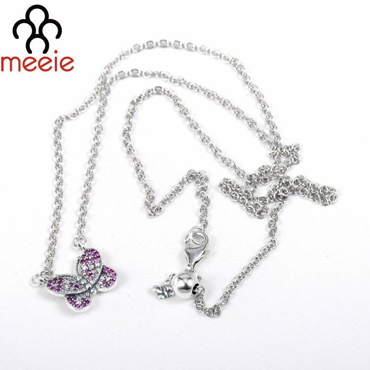 Authentische 925 Sterling Silber Original Funkelnden Rosa Schmetterling Halsketten Schmuck Für frauen Hochzeit DIY Schmuck