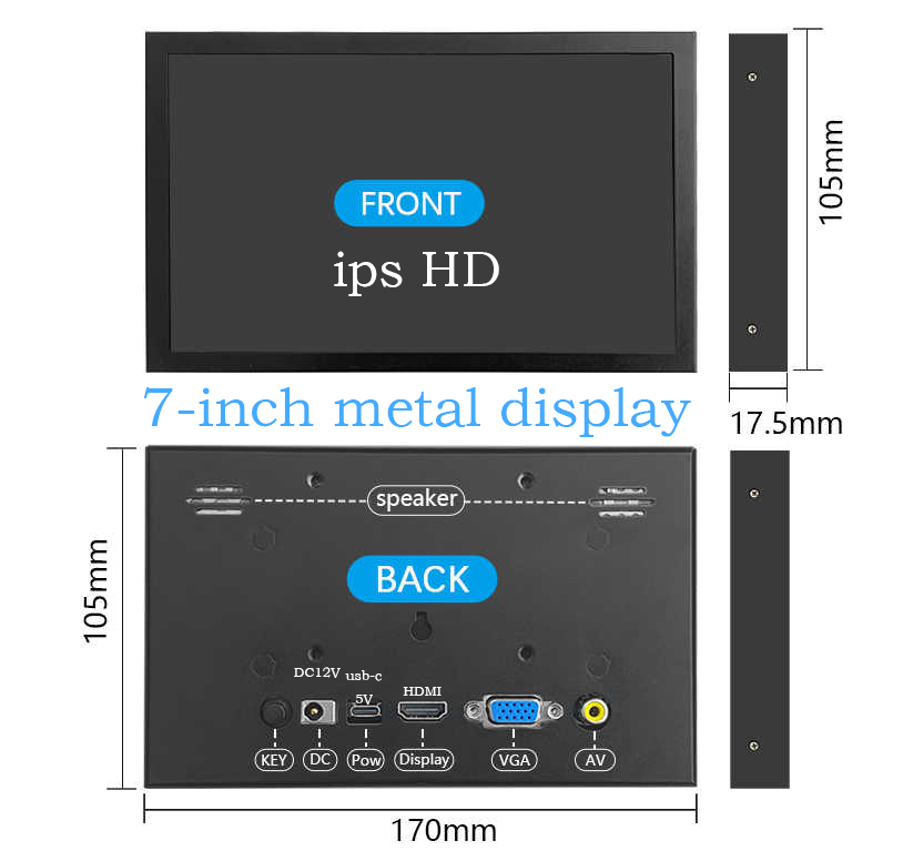 7 inch ips draagbaar scherm  hd 1024 x 600 scherm av cctv-monitor voor raspberry pi hdmi-compatibele vga d-sub achteruitrijcamera: Zwart