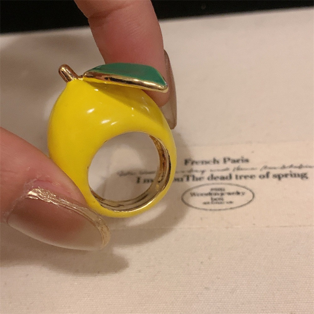 Unique Strawberry Drip Oil Ring Lemon Dripping Oil Painting Ring Korean Style Cherry Fruit Enamel Ring: Red