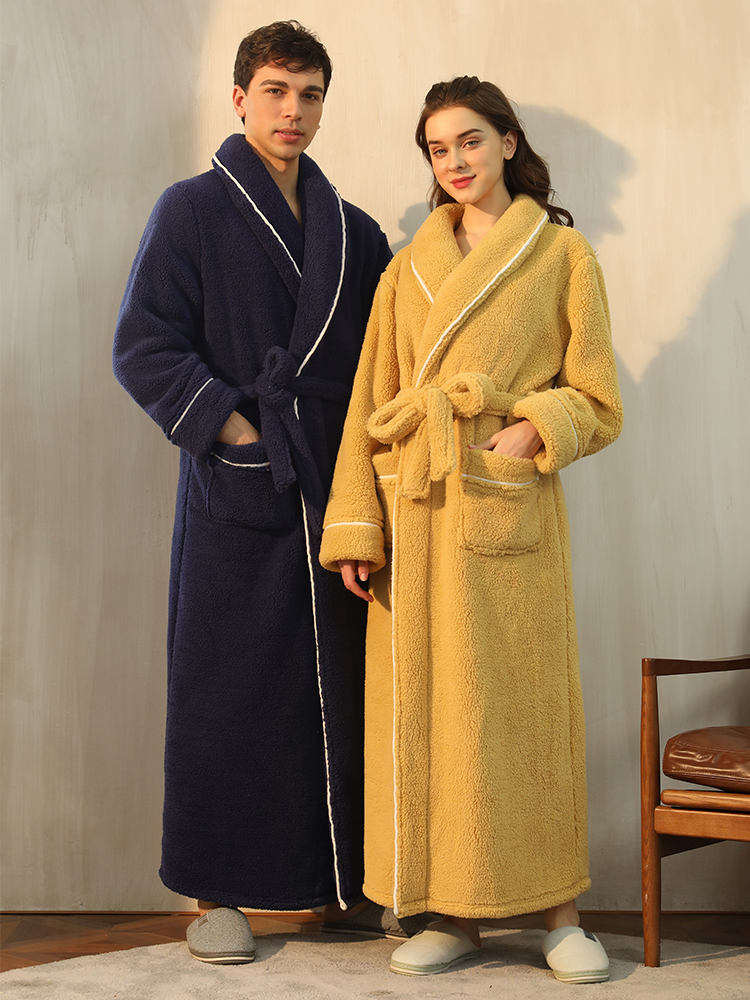 Bata larga y cálida de lana para hombre y mujer, albornoz grueso y suave, bata de baño cálida para invierno