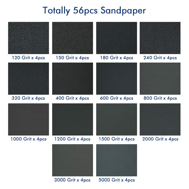 56Pcs Wet Dry Sandpaper 120 To 5000 Grit Assortment Abrasive Paper Sheets for Automotive Sanding