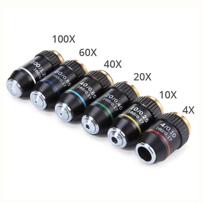 195 Achromatic Objective Lens 4X 10X 20X 40X 60X 100X for Biological Microscope RMS 20.2mm Optical Microscope Parts