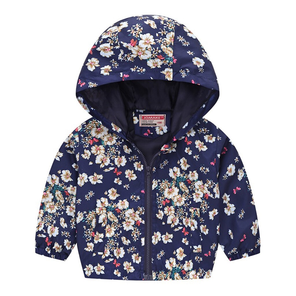 Autumn Winter Warm Baby Girls Coat Toddler Kids Baby Grils Boys Long Sleeve Floral Print Zipper Hooded Coat Jacket: Navy  / 18M