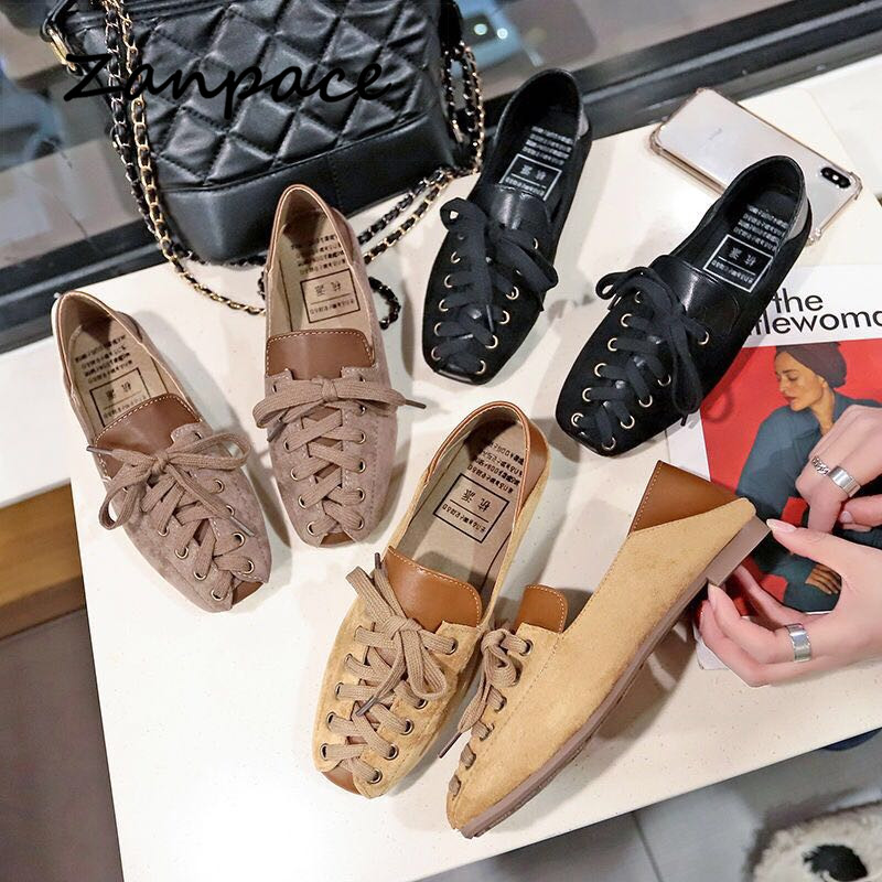 Personality Women Shoes S Spring Lace-Up Casual Loafers Soft Square Toe Flats for Women Shoes Black Loafers Women