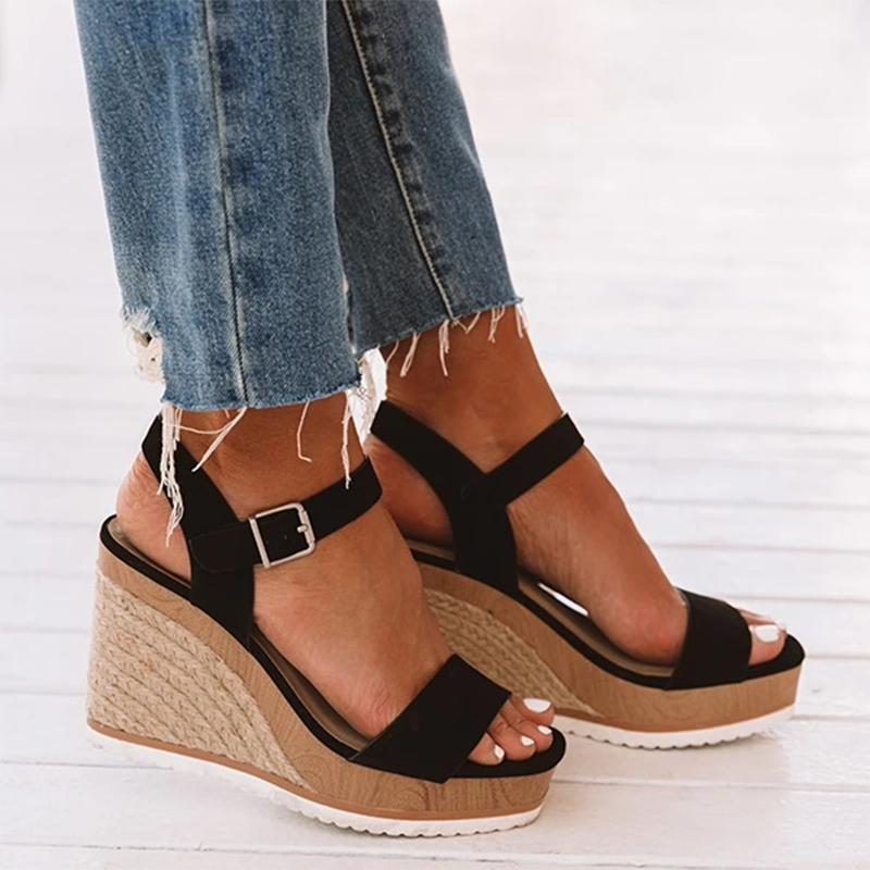 Schoenen plateau sandalen dames peep toe hoge wedges hak enkel gespen sandalen espadrilles dames sandalen hak schoenen dames: 4 / 36