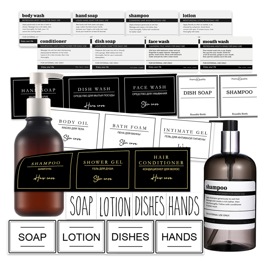 Shampoo Bottle Label Set Bathroom Soap Conditioner Body Wash Labels Soap Dispenser Detachable Waterproof Sticker Set