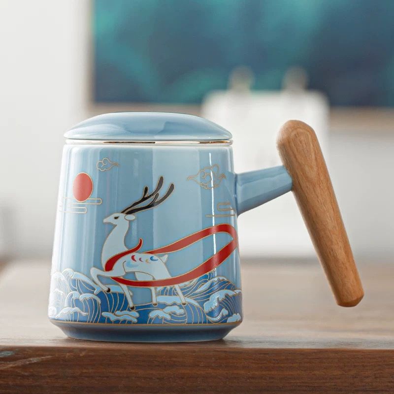 Kaffekrus keramisk te kop te adskillelse stor kapacitet filter med dæksel guofeng krus hjem par personlig kontor kop boks: 380ml 5