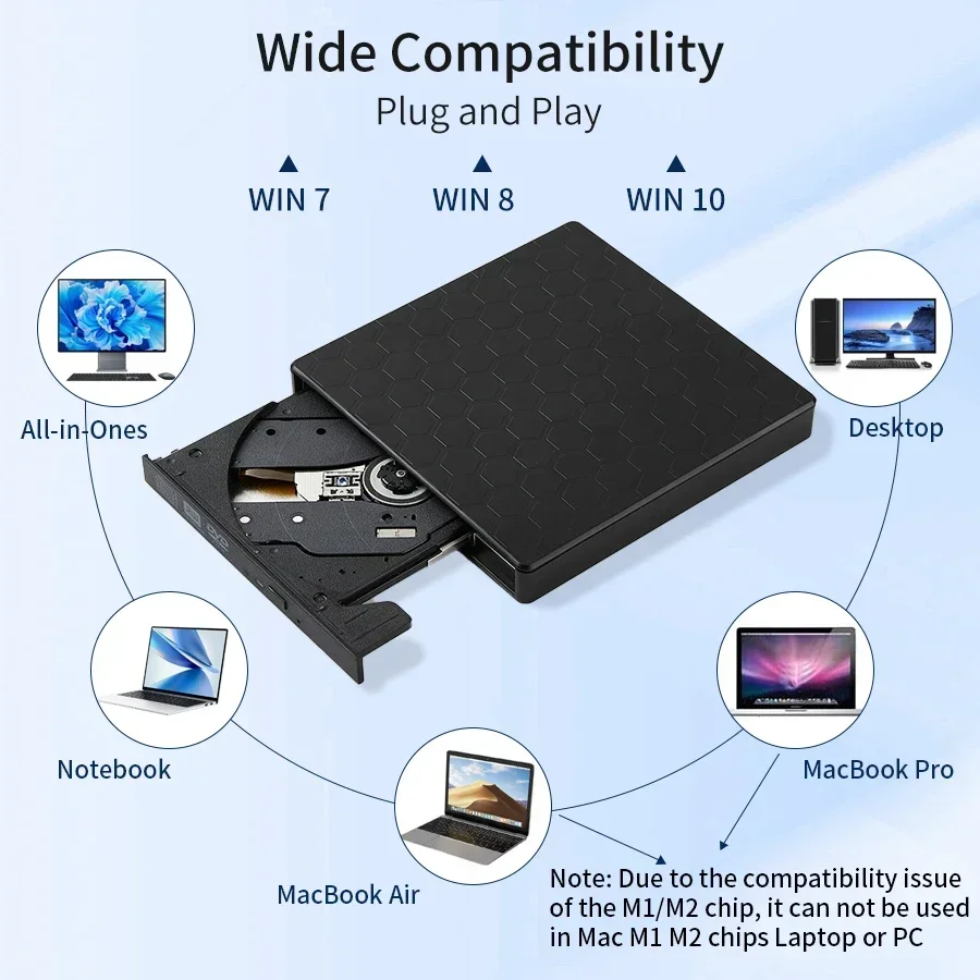 External DVD Drive 2 in 1 USB 3.0 Type-C Portable DVD RW CD Writer Drive Reader Player Optical Drives for Laptop PC DVD Burner