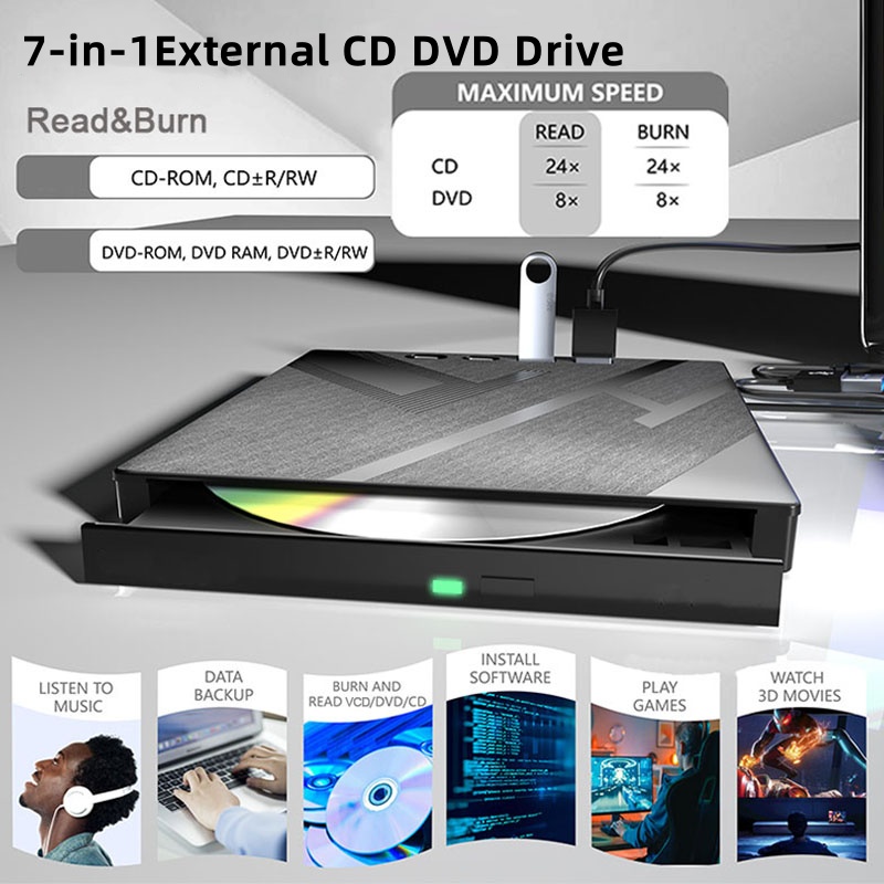 Unità CD DVD esterna con 4 porte USB e slot per schede TF/SD Lettore unità disco CD/DVD portatile Lettore masterizzatore per PC portatile