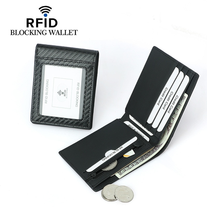 portefeuille mince en Fiber de carbone avec fenêtre d'identification RFID bloquant le portefeuille minimaliste à deux volets pour hommes porte-carte de poche avant en cuir PU