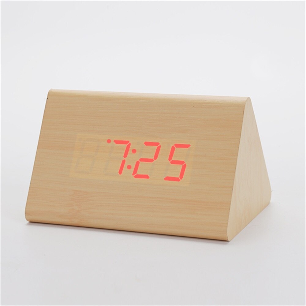 Alarm Clock Wooden Desk Digital Clocks Sound Control Snooze Bamboo LED Clock Thermometer Home Decor Unique: Red