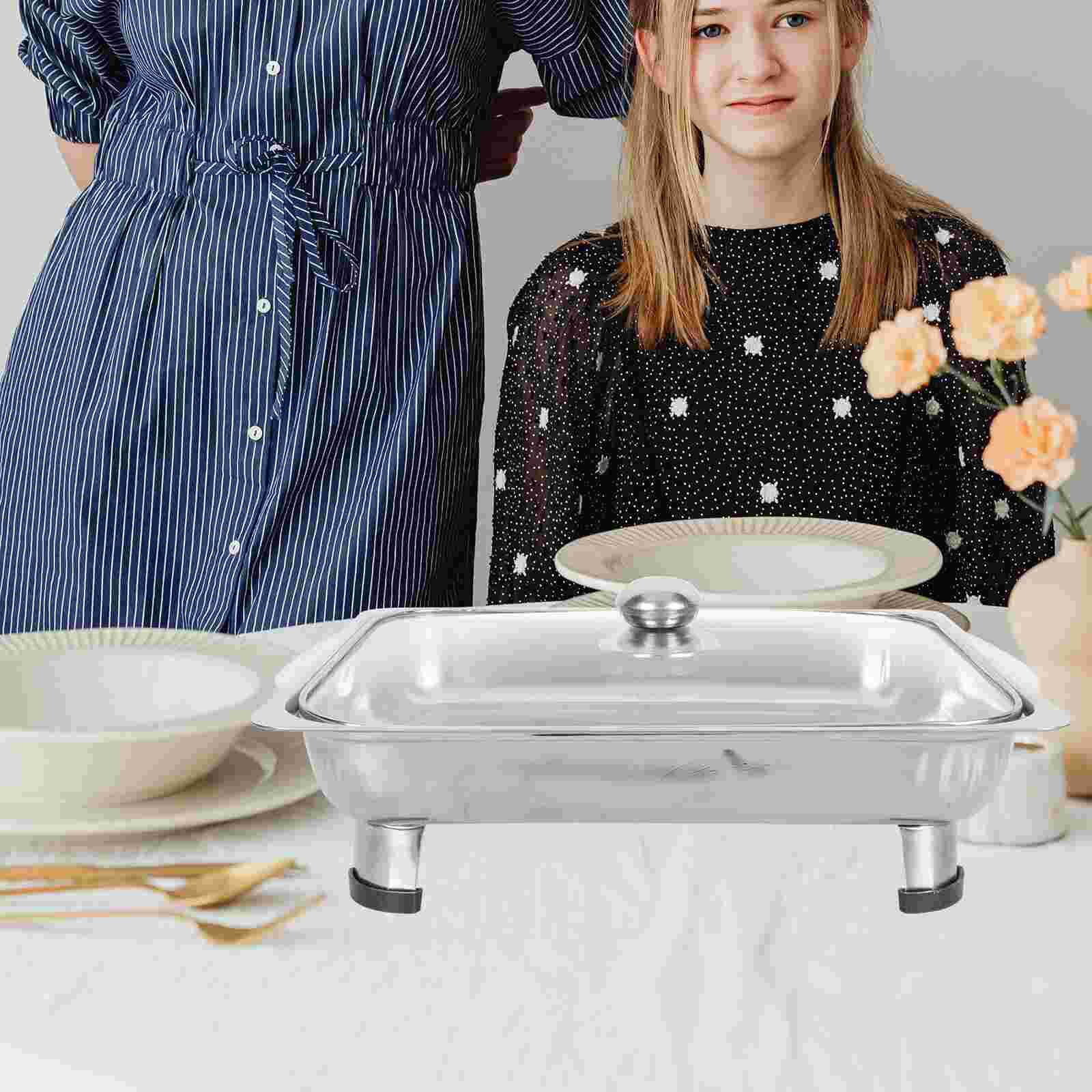 Covered Buffet Tray Stainless Steel Buffet Serving Tray Rectangular Canteen Tray Large Capacity Tray