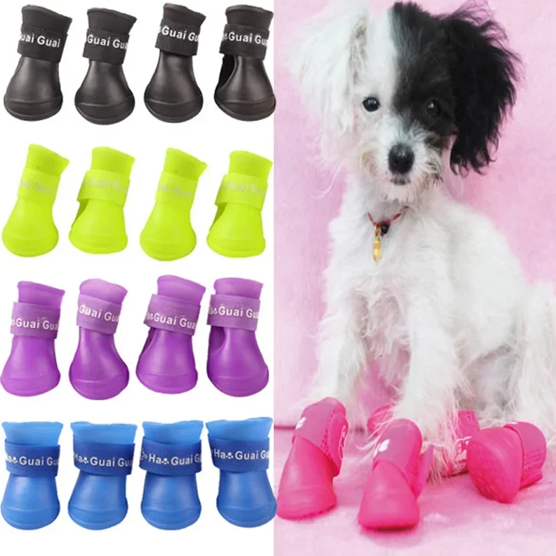 4 unids/lote S/M/L mascota de perro de lluvia, zapatos para perros, botines de goma, antideslizantes, impermeables, para mascotas, perros, gatos, zapatos de lluvia
