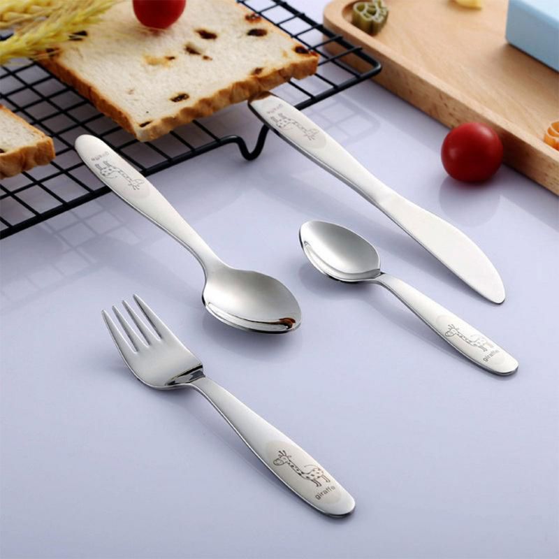 4PCS/pack 304 Stainless Steel Kids Cutlery Cartoon Pattern Carving Children Tableware Western-style Spoon Fork Set Baby Flatware