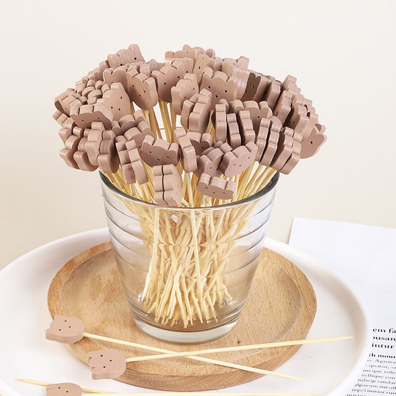100PCS Cute Decorative Toothpicks Bamboo Food Picks Sandwich Decor Bear Cocktail Sticks Fruit Skewers Party Buffet Decoration