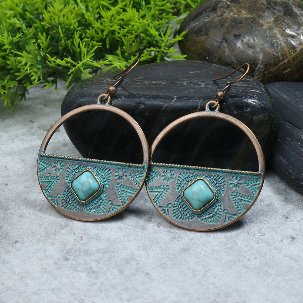 Pendientes bohemios étnicos Vintage de Color bronce para mujer, aretes colgantes geométricos de flor tallada en piedra azul clásica, joyería Jhumka: Cobalto Chapado en