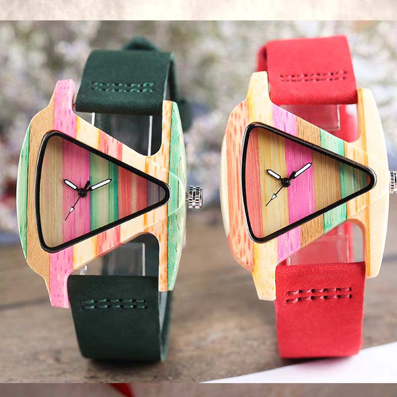 Unikt farverigt træur trekantet urskive ur ur kvinder kvarts læderarmbåndsur kvinders håndled reloj mujer