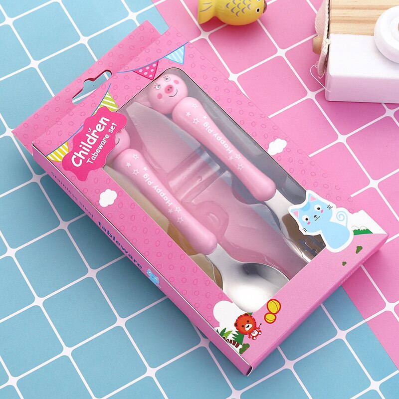 2 Pcs Baby Servies Set Kinderen Gebruiksvoorwerp Rvs Peuter Servies Bestek Cartoon Baby Voedsel Voeden Lepel Vork