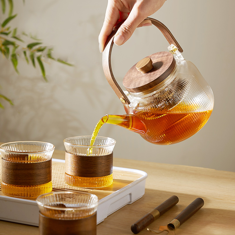 GIANXI Chinese Tea Set Wooden Handle Wooden Cover Glass Teapot Stainless Steel Filter Steaming Tea Set Transparent Teapot Tray