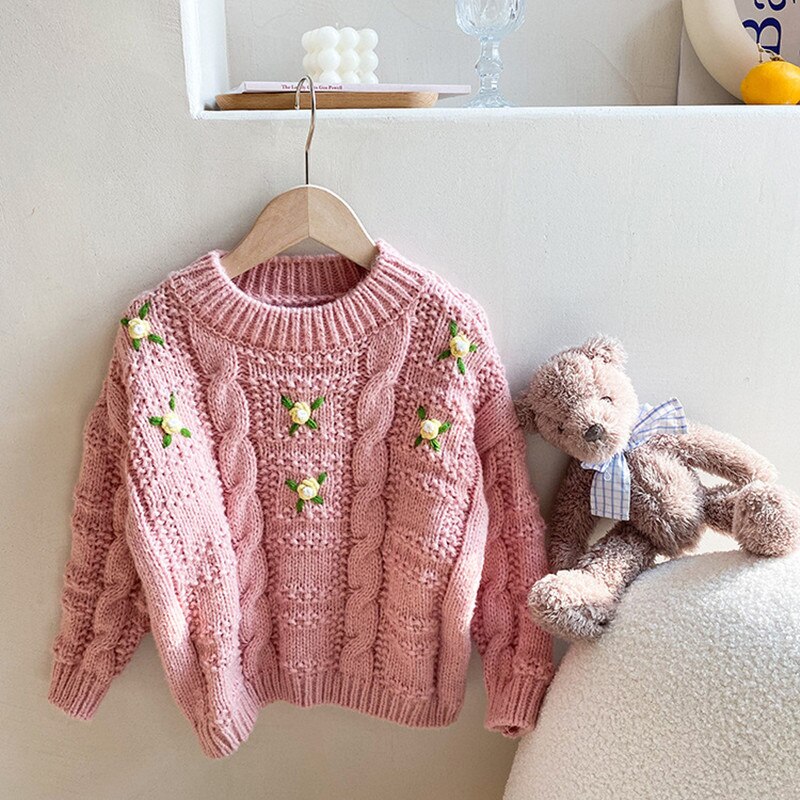 Pull tricoté épais avec broderie florale pour bébé fille, pull mignon de Style coréen pour enfant, hiver