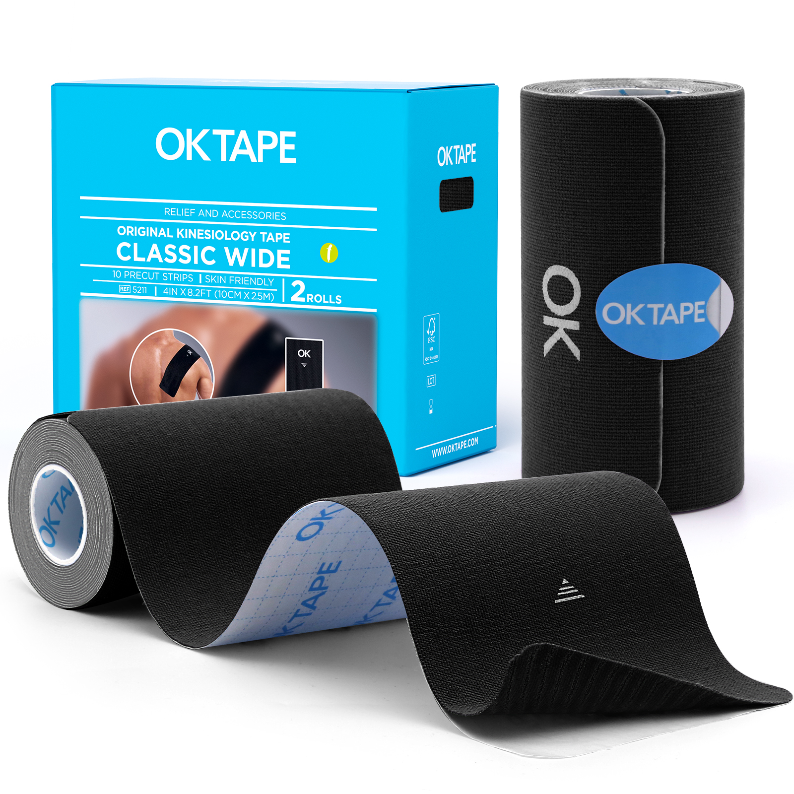 OK TAPE Breites Kinesiologie-Tape, vorgeschnittene K-Tape-Streifen zur Schmerzlinderung und zur Gelenkunterstützung | Rücken, Schulter, Knie (4" x 10" - 20 Stück): Blau