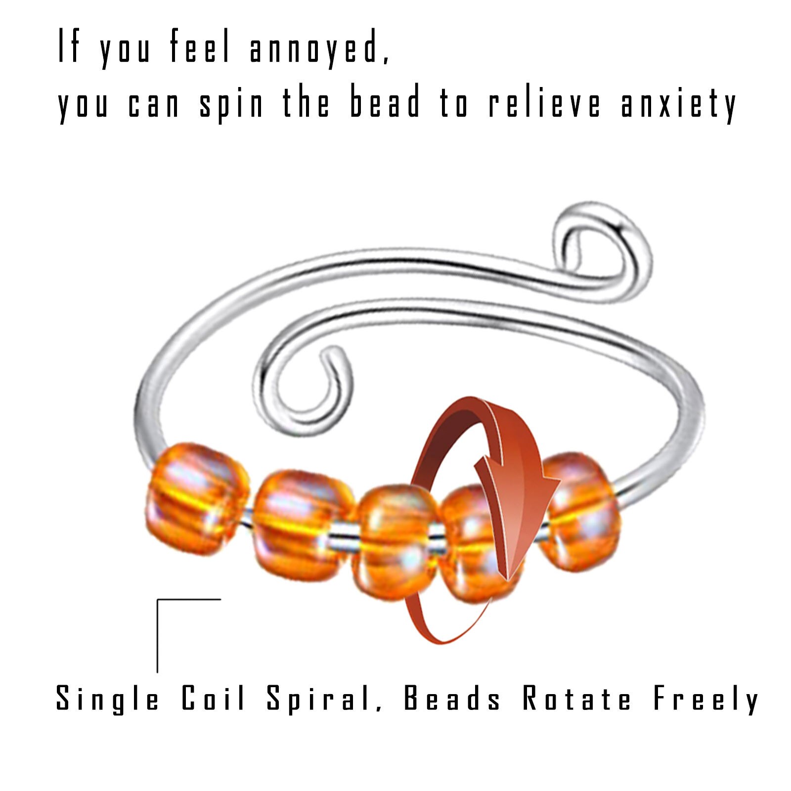 Fidget Beads Fidget Ring Spinner Single Coil Spiral Fidget Ring Beads Toy For Girl Women Rotate Freely Antistress Anxiety Ring