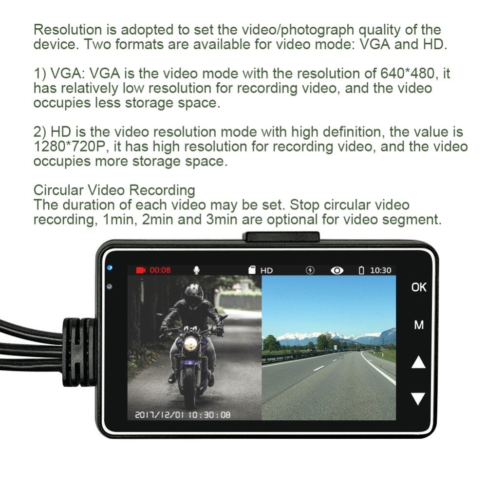 M18 cool mini motorfiets camera voor en achter camera systeem met 3 inch scherm 120 graden camera Motorfiets rijden video record
