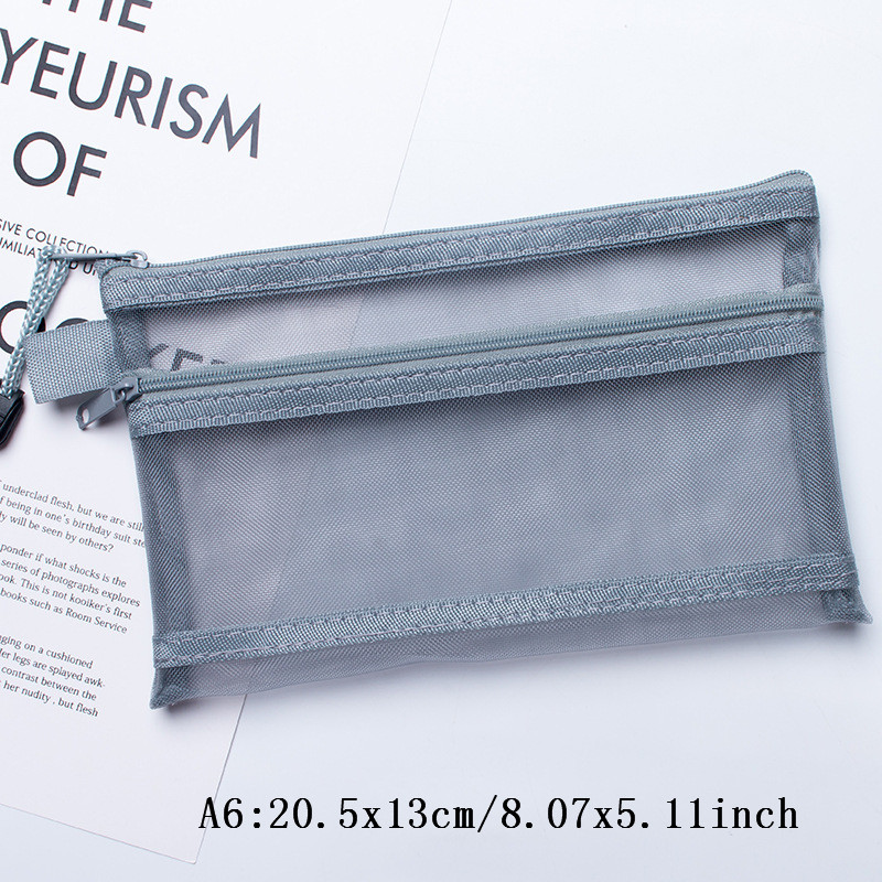 Transparent Mesh File Bag Portable Business Document Stationery Zipper Pocket Organizer Office Supplies Storage Tool Accessories: B-A6 Gray