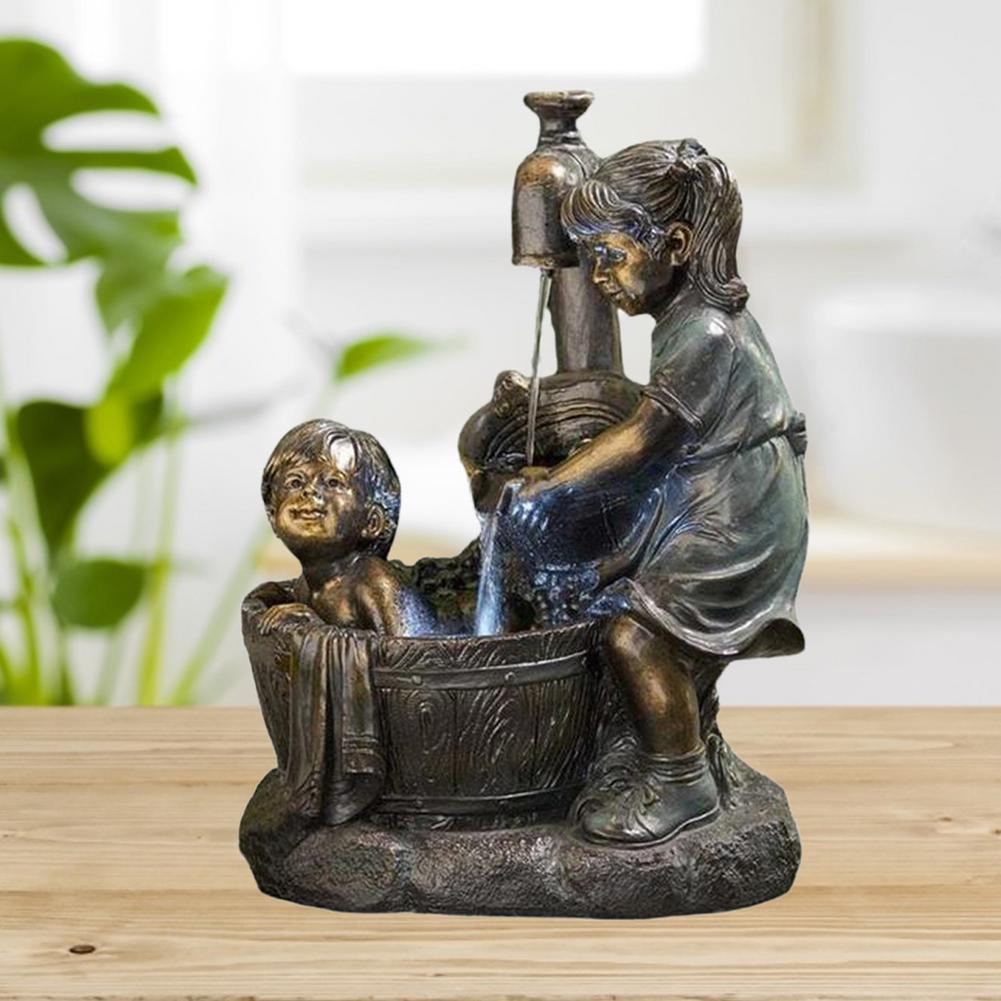 Boy And Girl Garden Statue Resin Waterfall Water Flow Ornament Outdoor For Home Yard Garden Desktop Sculptures Office Decor