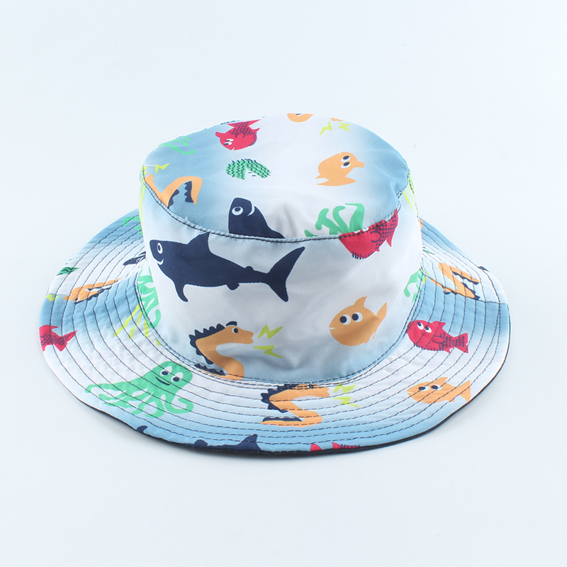 Tecknad fisk haj tryck söt baby hatt barn hink hattar pojke flicka panama sommar keps småbarn vindsäker solhatt