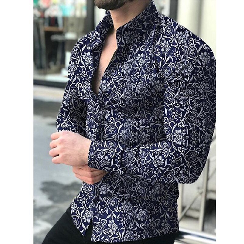 Neue herren Langarm Herbst lässig Taste-Nieder Hemden oben Blumen- drucken Männlich Geschäfts Schlank Muskel Spitzen: Marineblau / L