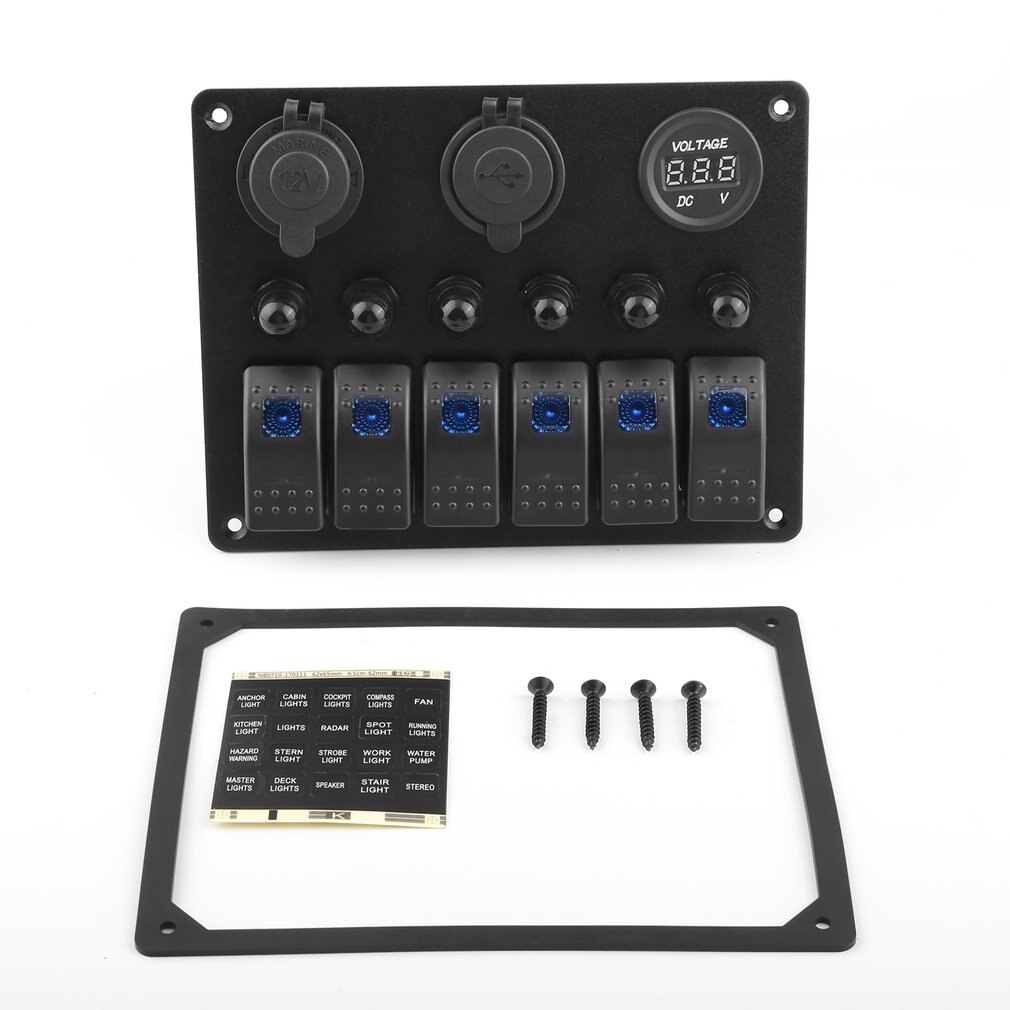 DC Flat Waterproof 6 Gang Toggle Switch Panel Car Marine Boat Circuit LED Breaker Voltmeter Aluminum Panel
